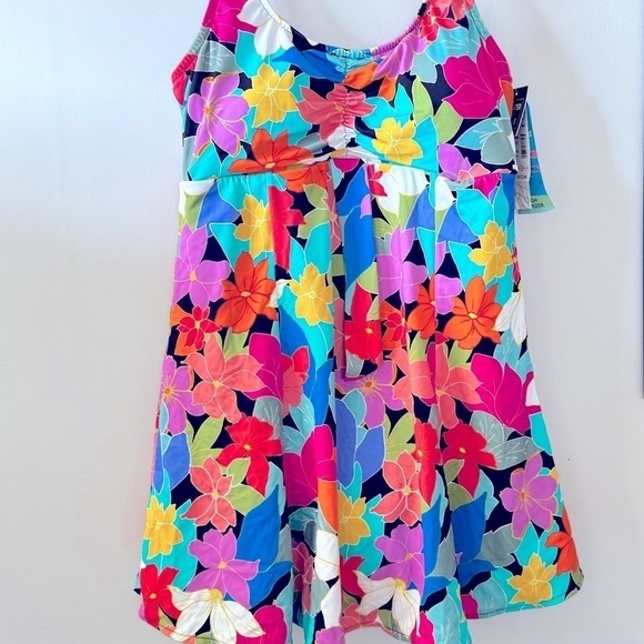 Swim Solutions Women Printed Tummy-Control Bow-Front Swimdress,Floral Frenzy - Picture 3 of 10